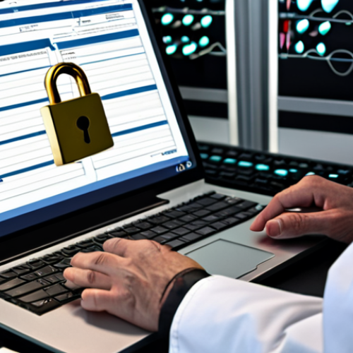 Home 4 **Doctor examining medical records on a computer. Security padlock overlay.** (Focus: Access to medical records, data privacy).