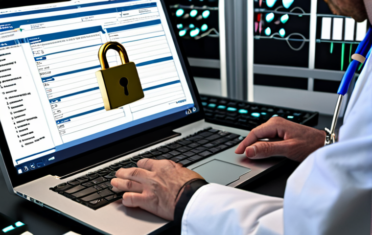 **Doctor examining medical records on a computer. Security padlock overlay.** (Focus: Access to medical records, data privacy).