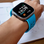 **A person using a smartwatch to track their sleep patterns, visualizing data about sleep quality.** (Focus: Self-monitoring with wearable tech)