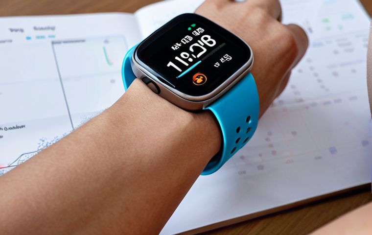 **A person using a smartwatch to track their sleep patterns, visualizing data about sleep quality.** (Focus: Self-monitoring with wearable tech)